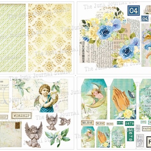 May include: A digital collage sheet with a vintage aesthetic featuring angels, flowers, and religious text. The sheet includes a variety of images, including a cherub playing a harp, a pair of hands in prayer, and a crescent moon with a cherub.