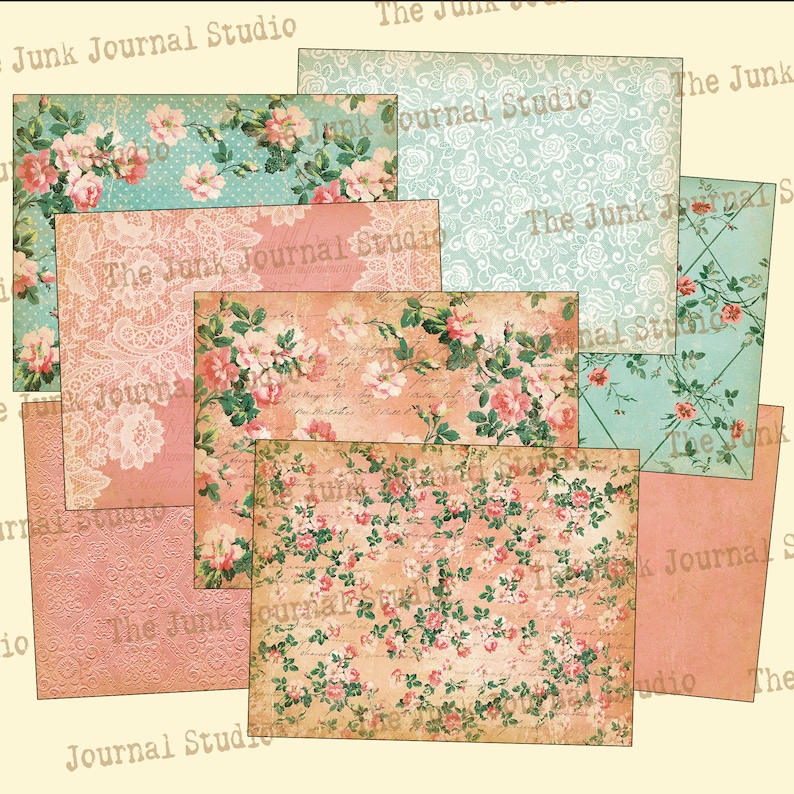 May include: A set of eight digital paper sheets featuring floral patterns in shades of pink, blue, and white. The papers have a vintage aesthetic and are perfect for scrapbooking, card making, and other crafting projects.