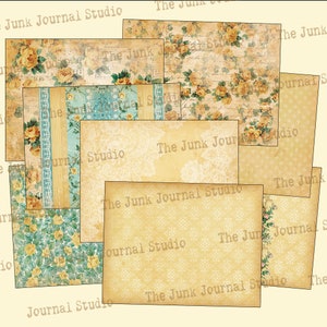 May include: A collection of vintage-style paper sheets with a floral pattern and the text "The Junk Journal Studio" repeated on several sheets.