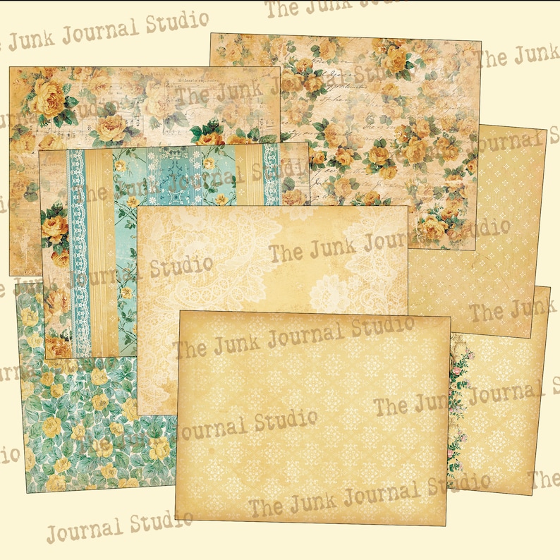 May include: A collection of vintage-style paper sheets with a floral pattern and the text "The Junk Journal Studio" repeated on several sheets.