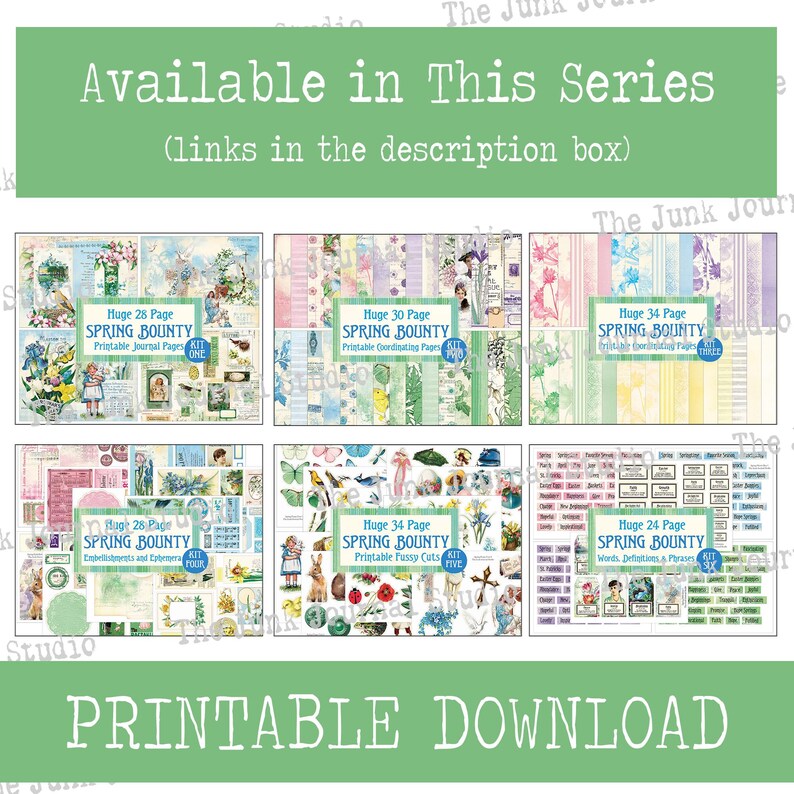 May include: Six printable digital paper packs for scrapbooking and crafting. The packs are titled "Spring Bounty" and feature a variety of floral and nature-themed designs in pastel colors. Each pack includes a different type of paper, such as journal pages, coordinating pages, fussy cuts, embellishments, and ephemera.