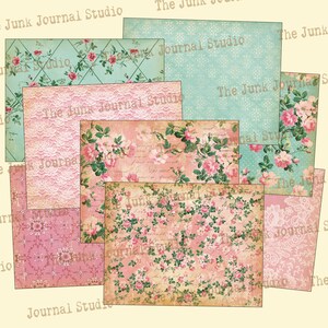 May include: A set of six digital paper sheets featuring floral patterns in shades of pink, green, and white. The papers have a vintage aesthetic and include text that says "The Junk Journal Studio".