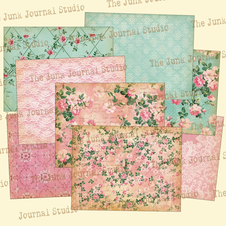 May include: A set of six digital paper sheets featuring floral patterns in shades of pink, green, and white. The papers have a vintage aesthetic and include text that says "The Junk Journal Studio".