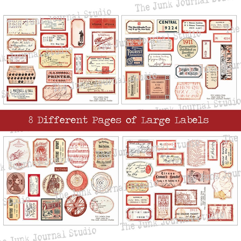 Red Vintage Labels Digital, Distressed Numbers, Red Labels, Ephemera, Junk Journal Embellishments, Number Digital, Embellishment download image 3