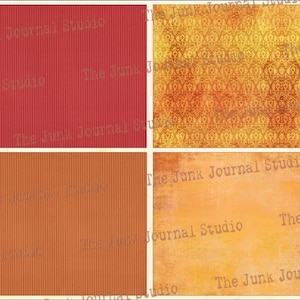 May include: Four digital paper textures in a collage. The top left is a red and white striped pattern. The top right is a yellow and orange damask pattern. The bottom left is an orange and red striped pattern. The bottom right is a yellow and orange textured pattern. The text "The Junk Journal Studio" appears on each of the four patterns.