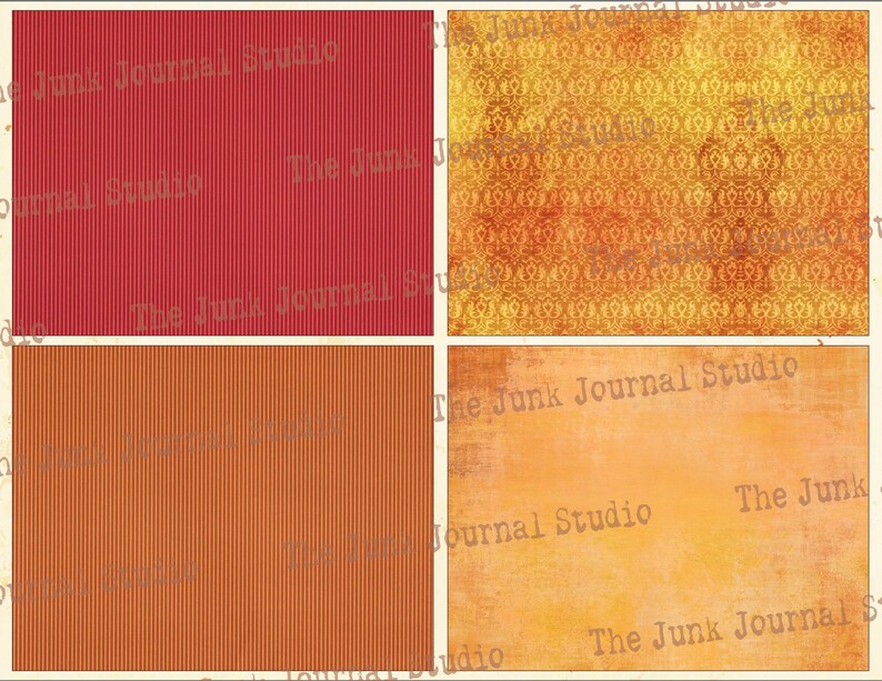 May include: Four digital paper textures in a collage. The top left is a red and white striped pattern. The top right is a yellow and orange damask pattern. The bottom left is an orange and red striped pattern. The bottom right is a yellow and orange textured pattern. The text "The Junk Journal Studio" appears on each of the four patterns.