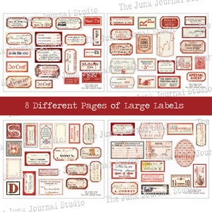 Red Vintage Labels Digital, Distressed Numbers, Red Labels, Ephemera, Junk Journal Embellishments, Number Digital, Embellishment download image 2