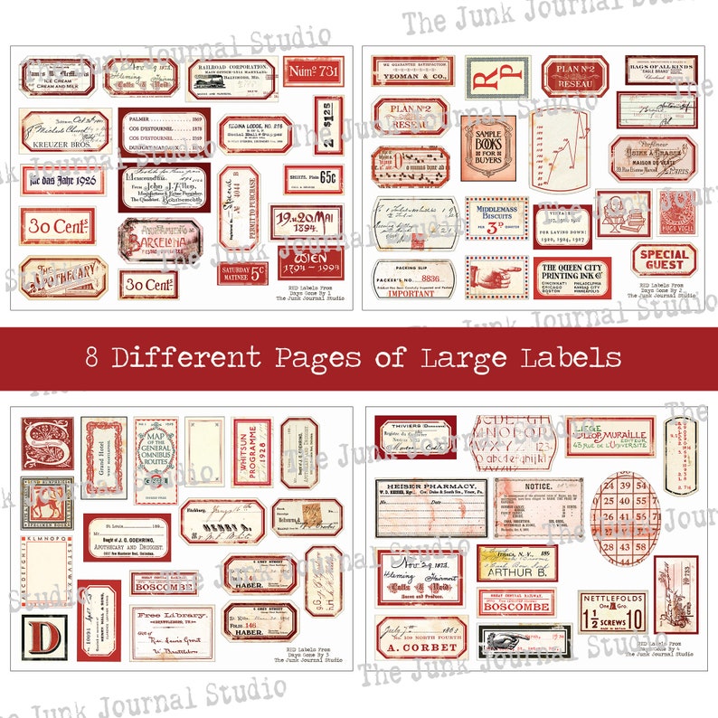 Red Vintage Labels Digital, Distressed Numbers, Red Labels, Ephemera, Junk Journal Embellishments, Number Digital, Embellishment download image 2