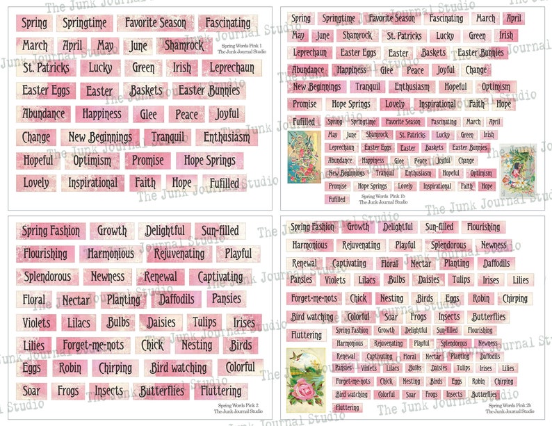 May include: Pink and white printable digital paper with spring-themed words and phrases. The words are arranged in a grid pattern and include words like "spring", "springtime", "favorite season", "fascinating", "march", "april", "may", "june", "shamrock", "st. patricks", "lucky", "green", "irish", "leprechaun", "easter eggs", "easter", "baskets", "easter bunnies", "abundance", "happiness", "glee", "peace", "joyful", "change", "new beginnings", "tranquil", "enthusiasm", "hopeful", "optimism", "promise", "hope springs", "lovely", "inspirational", "faith", "hope", "fulfilled", "spring fashion", "growth", "delightful", "sun-filled", "flourishing", "harmonious", "rejuvenating", "playful", "splendorous", "newness", "renewal", "captivating", "floral", "nectar", "planting", "daffodils", "pansies", "violets", "lilacs", "bulbs", "daisies", "tulips", "irises", "lilies", "forget-me-nots", "chick", "nesting", "birds", "eggs", "robin", "chirping", "bird watching", "colorful", "soar", "frogs", "insects", "butterflies", "fluttering".