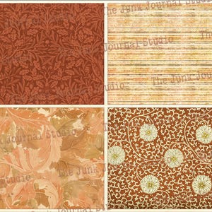 May include: Four digital paper designs in a collage. The top left design is a red and orange floral pattern. The top right design is a brown and beige striped pattern. The bottom left design is a brown and orange floral pattern. The bottom right design is a brown and white floral pattern.