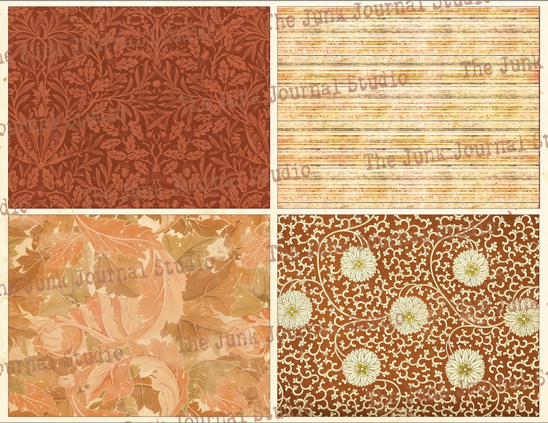 May include: Four digital paper designs in a collage. The top left design is a red and orange floral pattern. The top right design is a brown and beige striped pattern. The bottom left design is a brown and orange floral pattern. The bottom right design is a brown and white floral pattern.