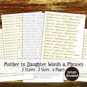 Mother Daughter Words and Phrases,  Daughter Digital Download, Daughter printable, Junk Journal Embellishments, Inspirational Words