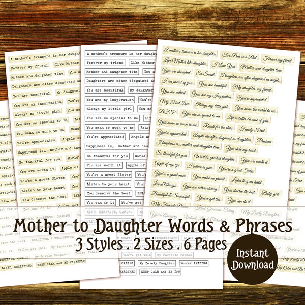 Mother Daughter Words and Phrases,  Daughter Digital Download, Daughter printable, Junk Journal Embellishments, Inspirational Words