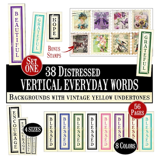 56 PAGE Vertical Everyday Words Digital, SET ONE, Vertical Words Digital, Distressed Words Digital, Journal Words Digital, Ephemera Digital