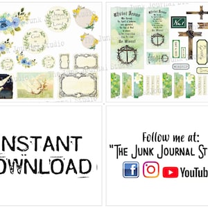 May include: Digital collage sheet with images of doves, flowers, crosses, and text. The text includes "Jesus is Lord", "God is Love", "Christ Jesus", "Worship", and "Take Note".