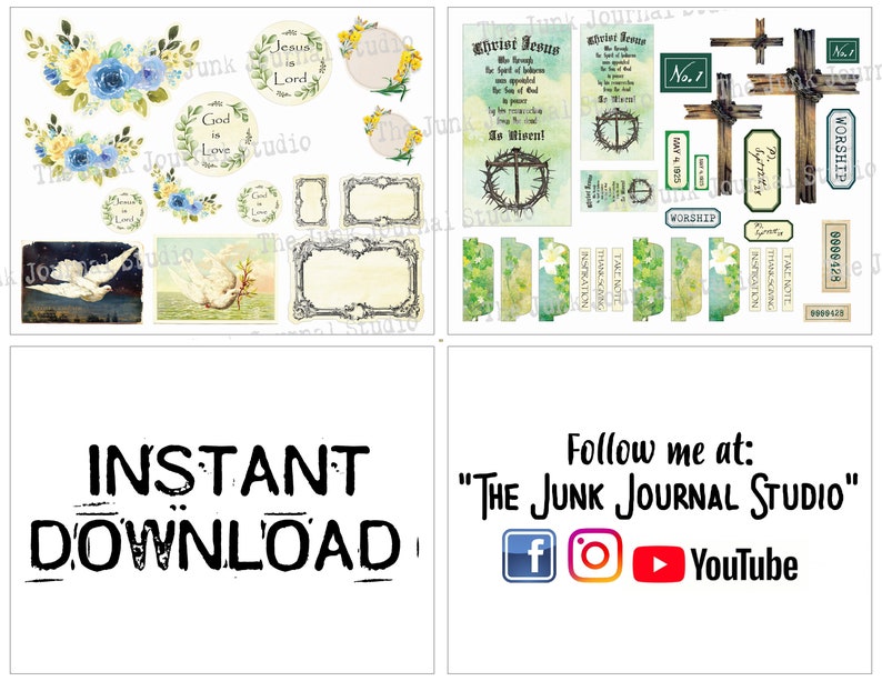 May include: Digital collage sheet with images of doves, flowers, crosses, and text. The text includes "Jesus is Lord", "God is Love", "Christ Jesus", "Worship", and "Take Note".
