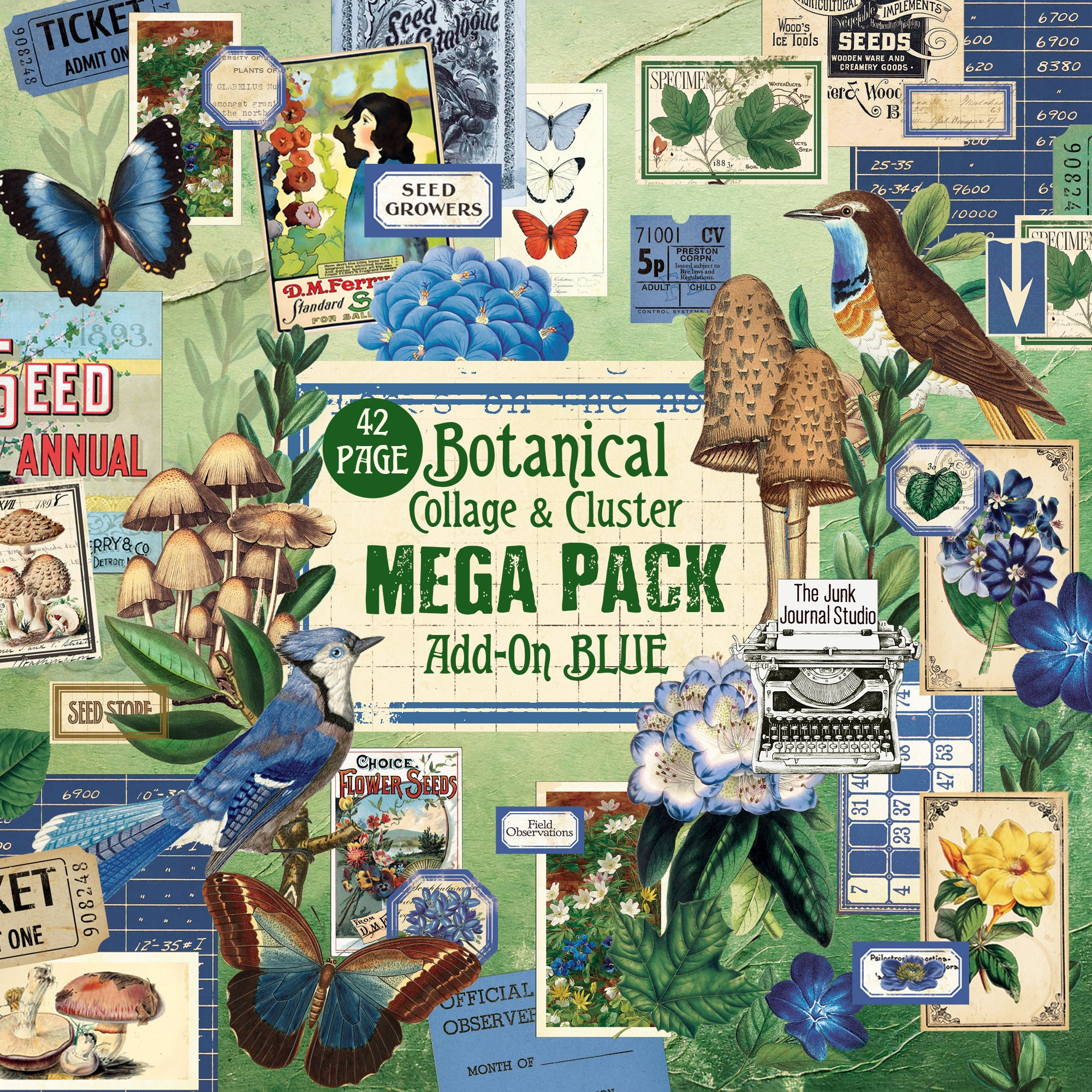MEGA PACK - Botanical Collage Cluster Kit Series, Add-0n Blue, Botanical Labels, Botanical Digital Kit, Botanical Ephemera, Blue Digital