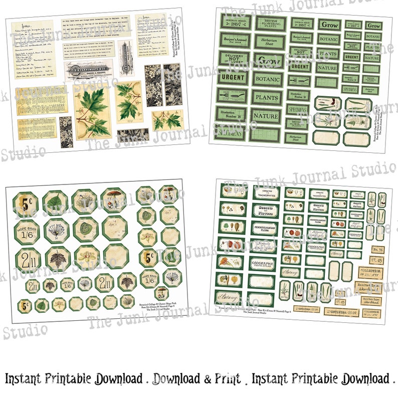 May include: A set of printable vintage botanical labels with green borders and white backgrounds. The labels feature illustrations of plants, flowers, and mushrooms, along with text such as "Grow", "Urgent", "Botanic", and "Nature".