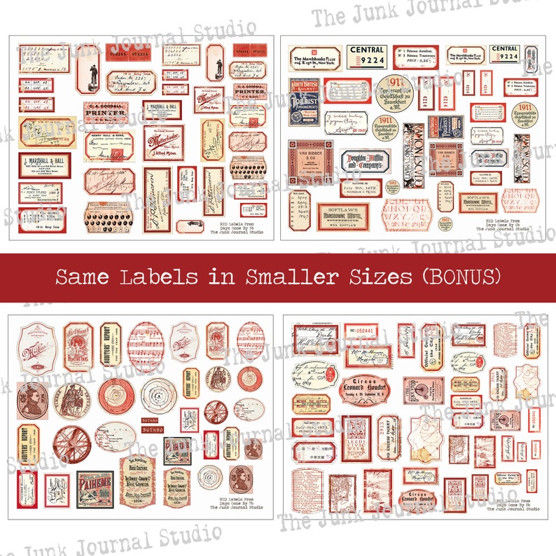 Red Vintage Labels Digital, Distressed Numbers, Red Labels, Ephemera, Junk Journal Embellishments, Number Digital, Embellishment download image 5