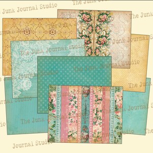 May include: A collection of digital paper backgrounds for scrapbooking and junk journaling. The papers feature a variety of patterns, including floral, lace, and stripes. The papers are in shades of blue, pink, yellow, and white.