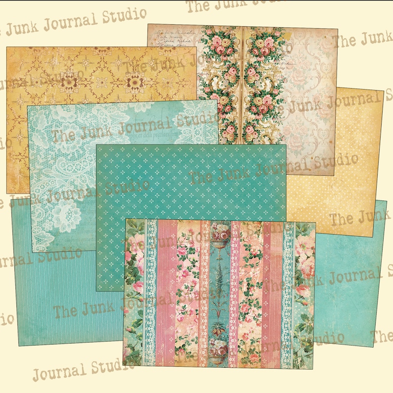 May include: A collection of digital paper backgrounds for scrapbooking and junk journaling. The papers feature a variety of patterns, including floral, lace, and stripes. The papers are in shades of blue, pink, yellow, and white.