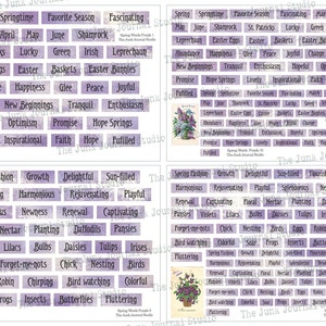 May include: Purple and white patterned paper squares with words related to spring, such as "springtime", "shamrock", "new beginnings", "hope springs", "growth", "rejuvenating", "daffodils", "butterflies", and "chirping".