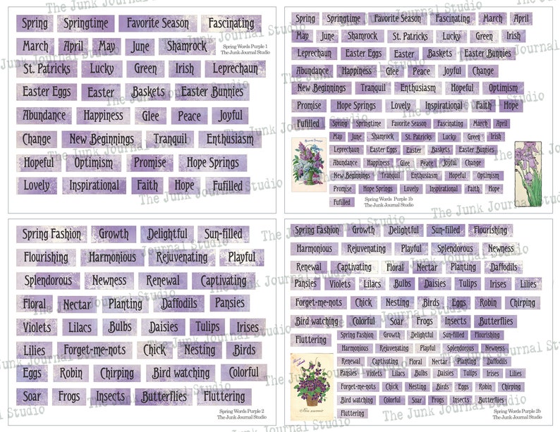 May include: Purple and white patterned paper squares with words related to spring, such as "springtime", "shamrock", "new beginnings", "hope springs", "growth", "rejuvenating", "daffodils", "butterflies", and "chirping".