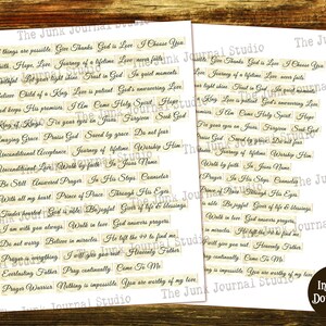 May include: A set of printable digital stickers with inspirational quotes and phrases on a beige background. The text includes phrases like "Give Thanks", "God is Love", "Journey of a Lifetime", "Love Never Fails", "In His Steps", "Prince of Peace", "God is Able", "Be Joyful", "Give of Life & Blessings", "Walk in Love", "God Answers Prayers", "Believe in Miracles", "He Left the 99 to Find Me", "I Will Give You Rest", "Heavenly Father", "Pray Continually", "Come to Me", "Nothing is Impossible", "You Are Worthy of My Love".