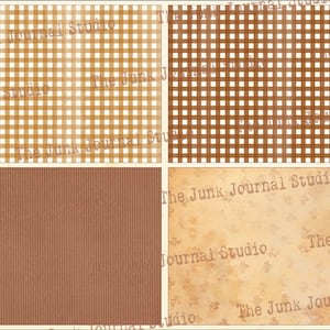 May include: Four digital paper textures in brown, white, and beige. The textures include gingham, stripes, and a floral pattern. The text "The Junk Journal Studio" appears on each texture.