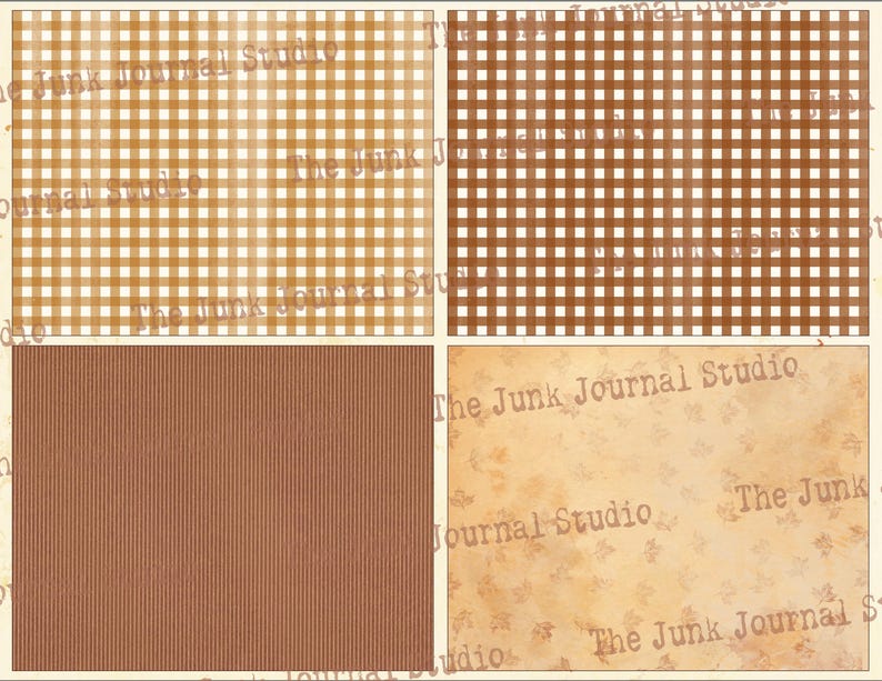 May include: Four digital paper textures in brown, white, and beige. The textures include gingham, stripes, and a floral pattern. The text "The Junk Journal Studio" appears on each texture.