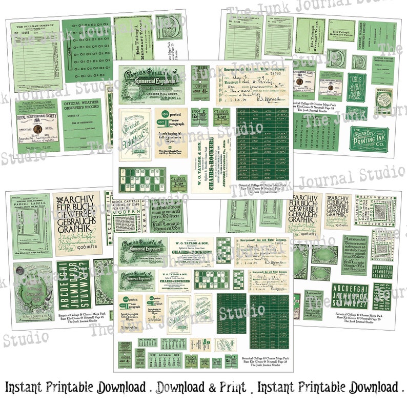 May include: A digital collage sheet with green and white vintage labels and text. The sheet includes labels for a general express company, a printing company, a chair and rocker company, and a variety of other businesses. The sheet also includes a variety of text, including "Archiv fur Buch Gewerbe Gebraulichs Grafik" and "ABCDEFGHI JLMNOPQR STUVWXYZ".