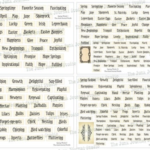 May include: A set of printable digital stickers with words related to spring. The stickers are in a vintage style with a cream background and black text. The words include "Spring", "Springtime", "Favorite Season", "Fascinating", "March", "April", "May", "June", "Shamrock", "St. Patricks", "Lucky", "Green", "Irish", "Leprechaun", "Easter Eggs", "Easter", "Baskets", "Easter Bunnies", "Abundance", "Happiness", "Glee", "Peace", "Joyful", "Change", "New Beginnings", "Tranquil", "Enthusiasm", "Hopeful", "Optimism", "Promise", "Hope Springs", "Lovely", "Inspirational", "Faith", "Hope", "Fufilled", "Spring Fashion", "Growth", "Delightful", "Sun-filled", "Flourishing", "Harmonious", "Rejuvenating", "Playful", "Splendorous", "Newness", "Renewal", "Captivating", "Floral", "Nectar", "Planting", "Daffodils", "Pansies", "Violets", "Lilacs", "Bulbs", "Daisies", "Tulips", "Irises", "Lilies", "Forget-me-nots", "Chick", "Nesting", "Birds", "Eggs", "Robin", "Chirping", "Bird watching", "Colorful", "Soar", "Frogs", "Insects", "Butterflies", "Fluttering".
