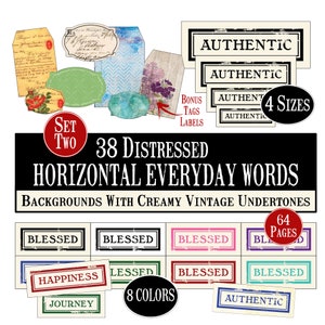 May include: Set of 38 distressed horizontal everyday words in 8 colours and 4 sizes. The words include "blessed", "happiness", "journey", and "authentic".