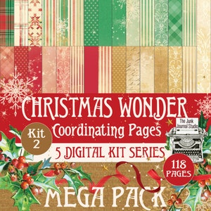 May include: Christmas Wonder Kit 2: Coordinating Pages, a digital scrapbooking kit with 118 pages featuring a variety of festive patterns and designs. The kit includes red, green, gold, and white colors with snowflakes, plaid, and vintage-inspired elements.
