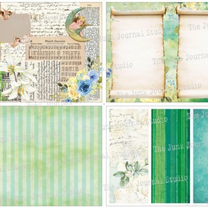 May include: Digital collage sheet with a vintage aesthetic featuring a variety of patterns and textures. The sheet includes a floral design, a striped pattern, a scroll design, and a textural background. The sheet is perfect for scrapbooking, card making, and other paper crafts.