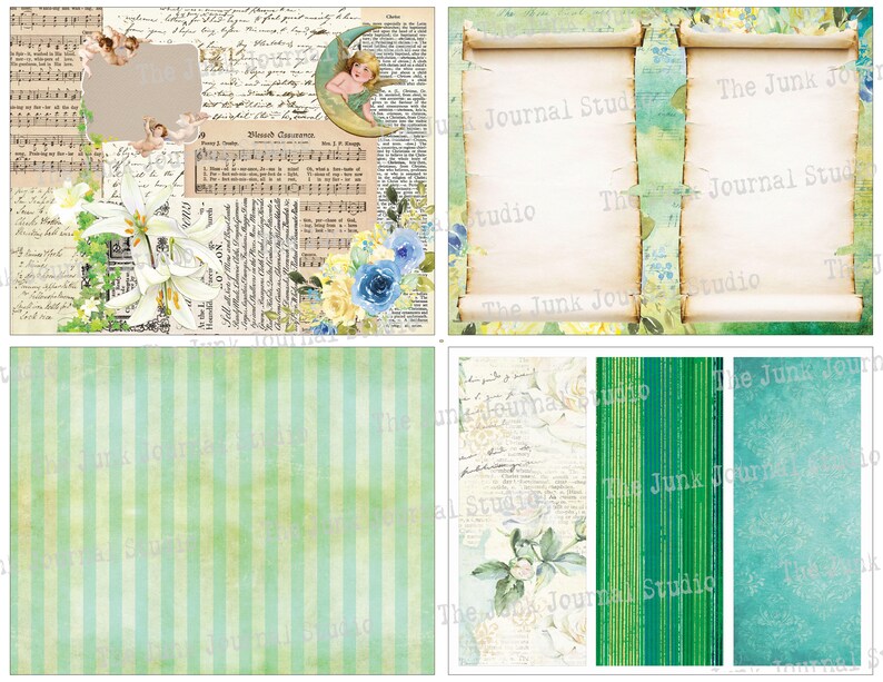 May include: Digital collage sheet with a vintage aesthetic featuring a variety of patterns and textures. The sheet includes a floral design, a striped pattern, a scroll design, and a textural background. The sheet is perfect for scrapbooking, card making, and other paper crafts.