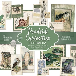 Pondside Curiosities Ephemera – Frog Junk Journal Kit, Vintage Botanical Printable, Tickets, Labels, Cards, Pond Life Digital Download
