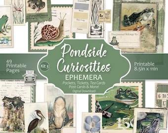 Pondside Curiosities Ephemera – Frog Junk Journal Kit, Vintage Botanical Printable, Tickets, Labels, Cards, Pond Life Digital Download