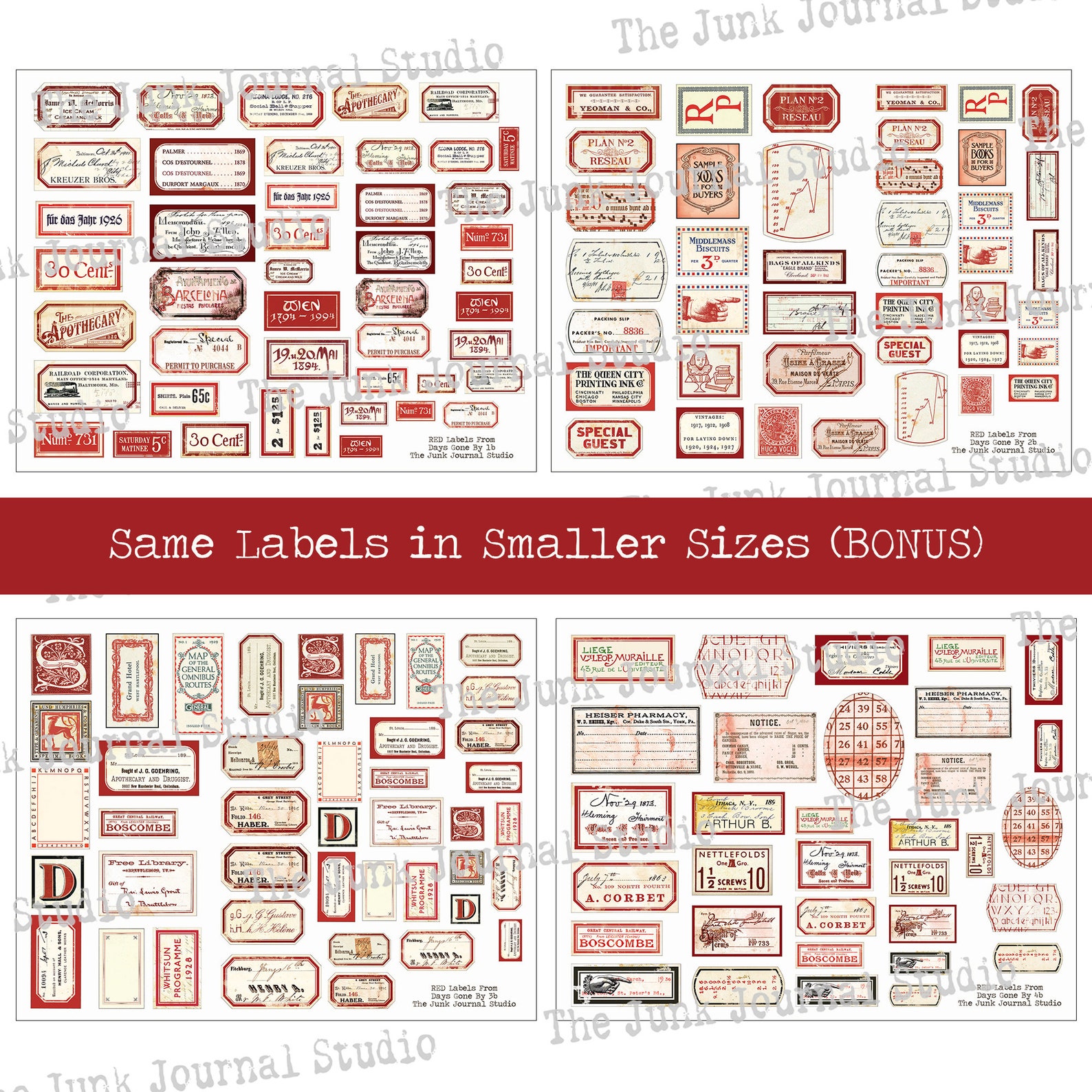 Red Vintage Labels Digital, Distressed Numbers, Red Labels, Ephemera ...
