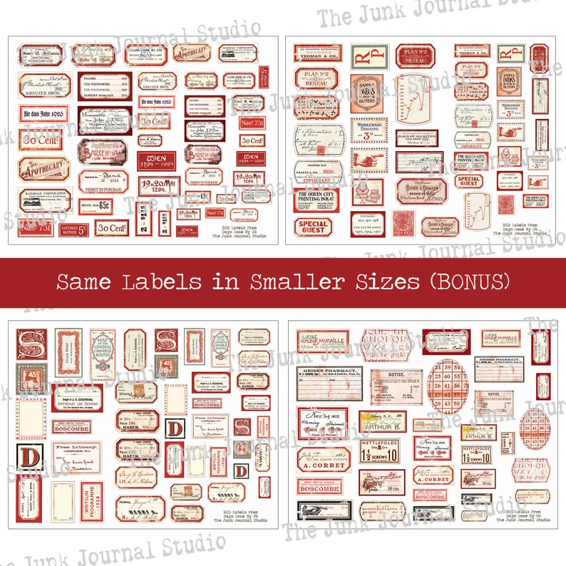 Red Vintage Labels Digital, Distressed Numbers, Red Labels, Ephemera, Junk Journal Embellishments, Number Digital, Embellishment download image 4