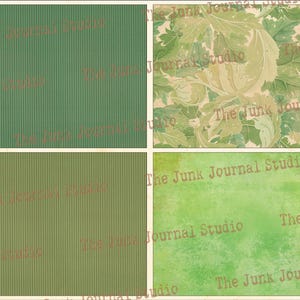 May include: Four digital paper textures in green tones. The top left is a green striped pattern. The top right is a green floral pattern. The bottom left is a green striped pattern. The bottom right is a green watercolor pattern. The Junk Journal Studio watermark is on each image.