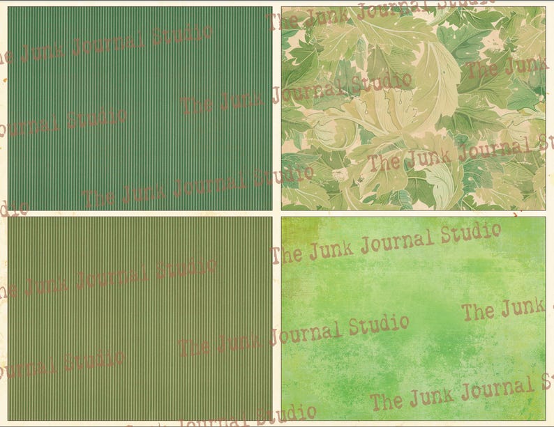 May include: Four digital paper textures in green tones. The top left is a green striped pattern. The top right is a green floral pattern. The bottom left is a green striped pattern. The bottom right is a green watercolor pattern. The Junk Journal Studio watermark is on each image.