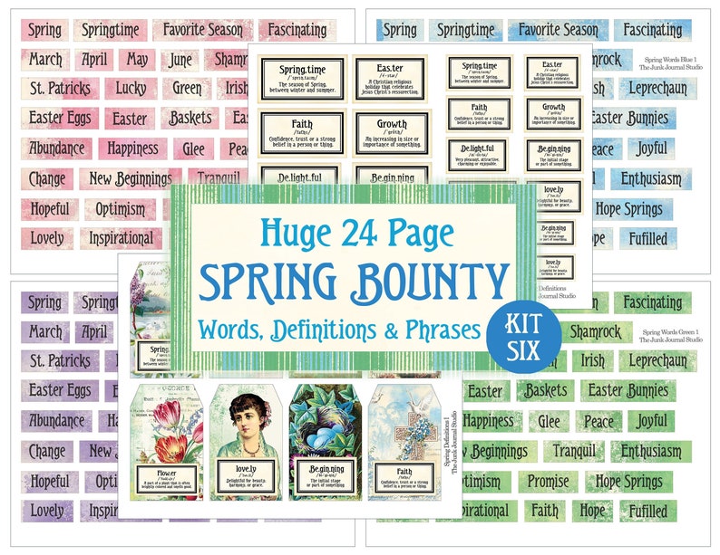 May include: A printable spring-themed word and definition set with 24 pages. The set includes words like "springtime", "Easter", "shamrock", "leprechaun", "Easter bunnies", and "hope springs". The words are printed on colorful backgrounds with floral illustrations.