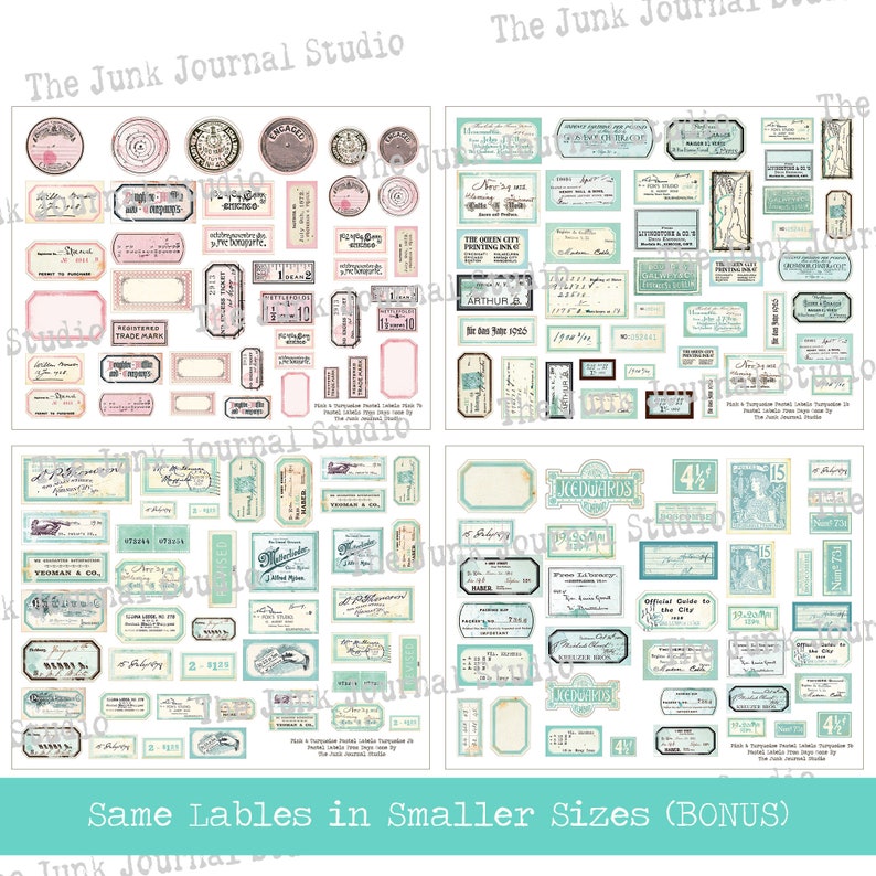 Pastel Turquoise & Pink 28 Page Vintage Labels Digital, Distressed ...