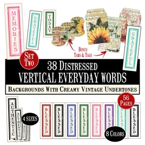 56 SEITE Vertikale Alltagswörter Digital, Cremiges SET ZWEI, Distressed Wörter Digital, Journal Wörter Digital, Ephemera Digital, Vertikales Journal