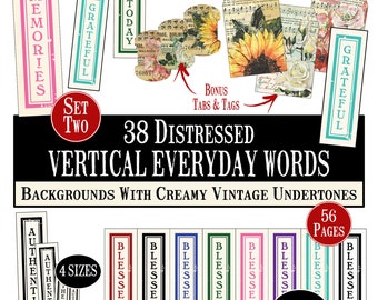 56 PAGE Vertical Everyday Words Digital, Creamy SET TWO, Distressed Words Digital, Journal Words Digital, Ephemera Digital, Vertical Journal