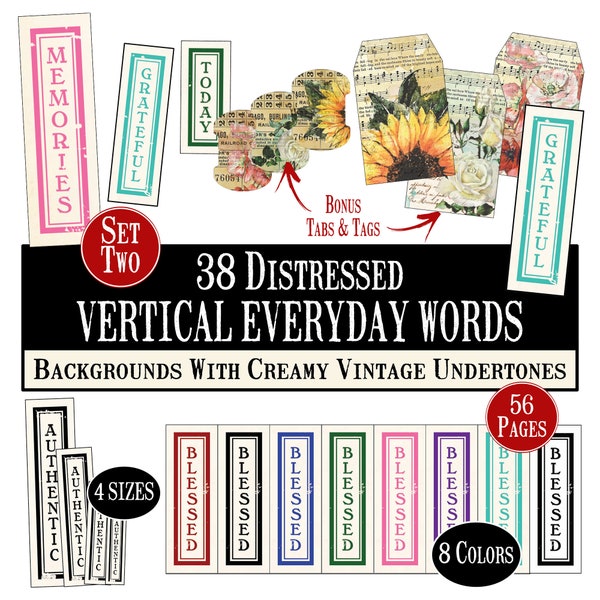 56 PAGE Vertical Everyday Words Digital, Creamy SET TWO, Distressed Words Digital, Journal Words Digital, Ephemera Digital, Vertical Journal