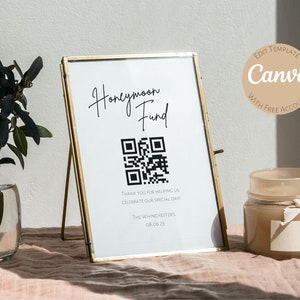Honeymoon Fund QR Code Sign | Venmo | Cashapp |Minimalistic | Editable 8x10 Template | Canva