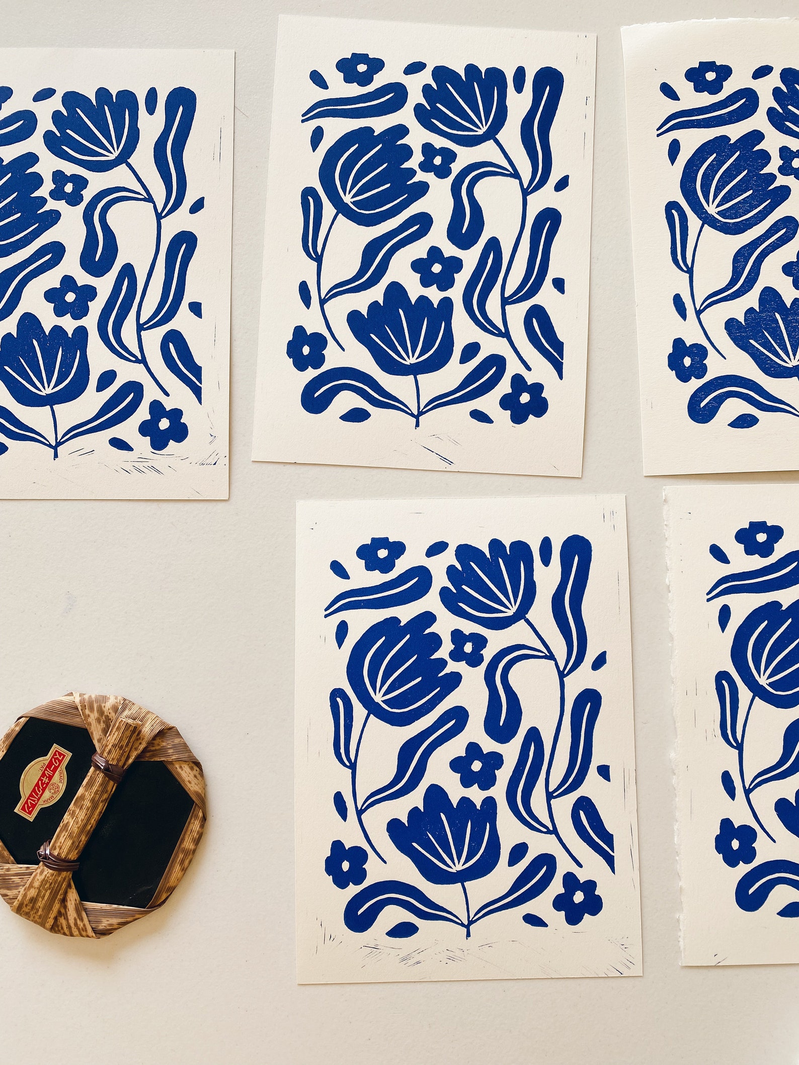 Blue Florals Rustic Original Lino Print A5 Etsy 