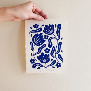 Blue florals | Rustic Original Lino Print - A5